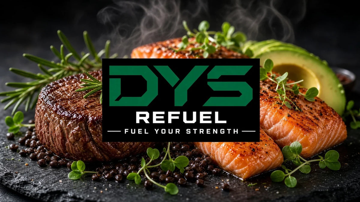 DYS Refuel desktop food brand illustration with steak, salmon, avocado and herbs — Fuel Your Strength.