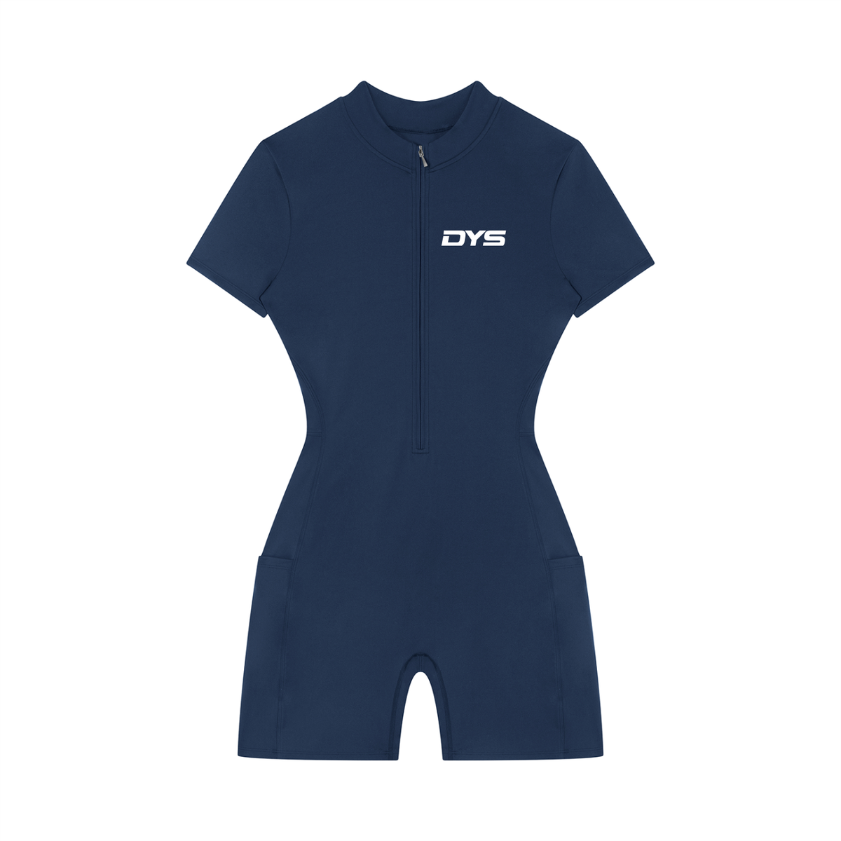 DYS Women's Quarter-Zip Short Sleeve Romper, Navy Blue, front view