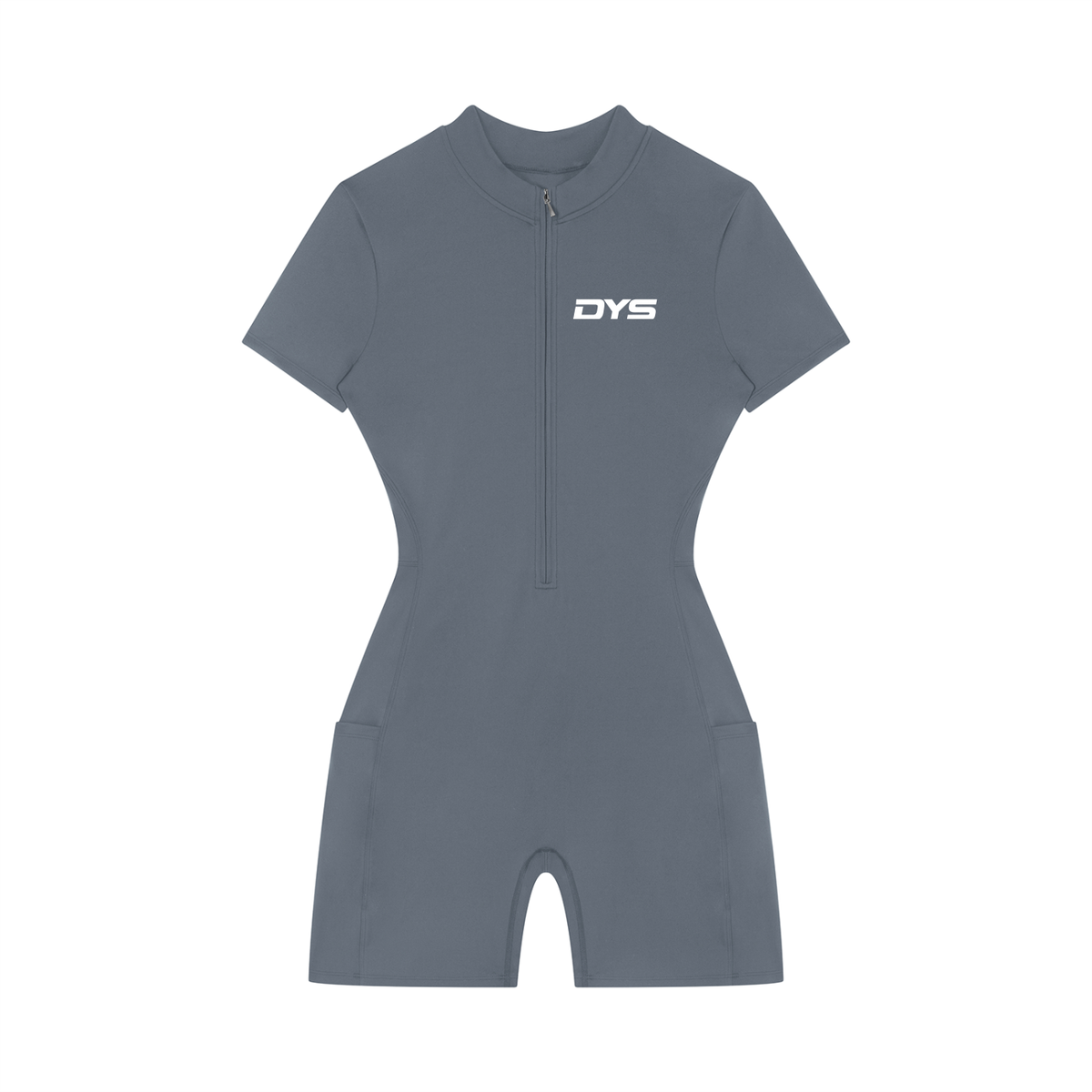 DYS Women's Quarter-Zip Short Sleeve Romper, Gray Blue, front view