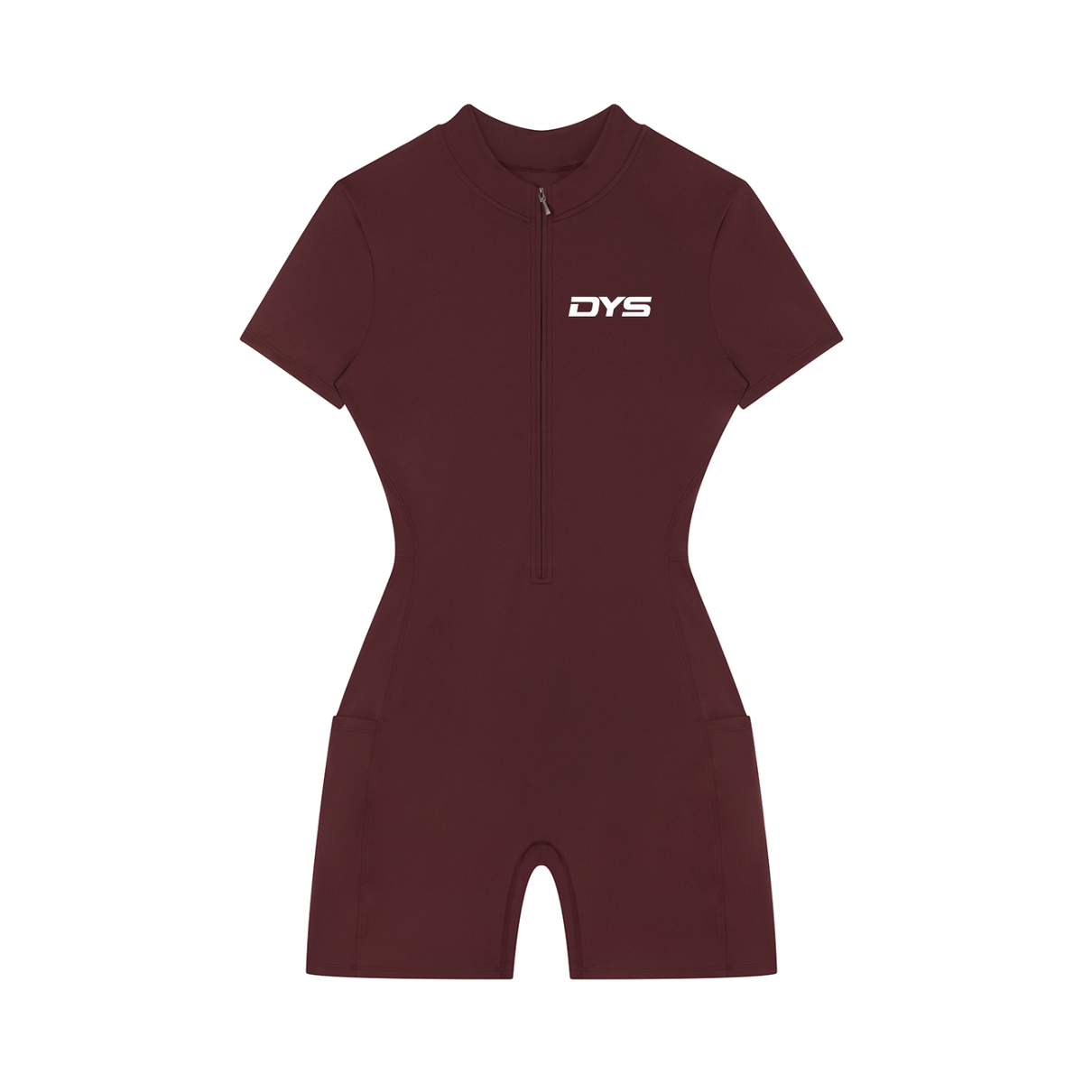 DYS Women's Quarter-Zip Short Sleeve Romper, Wine Red, front view