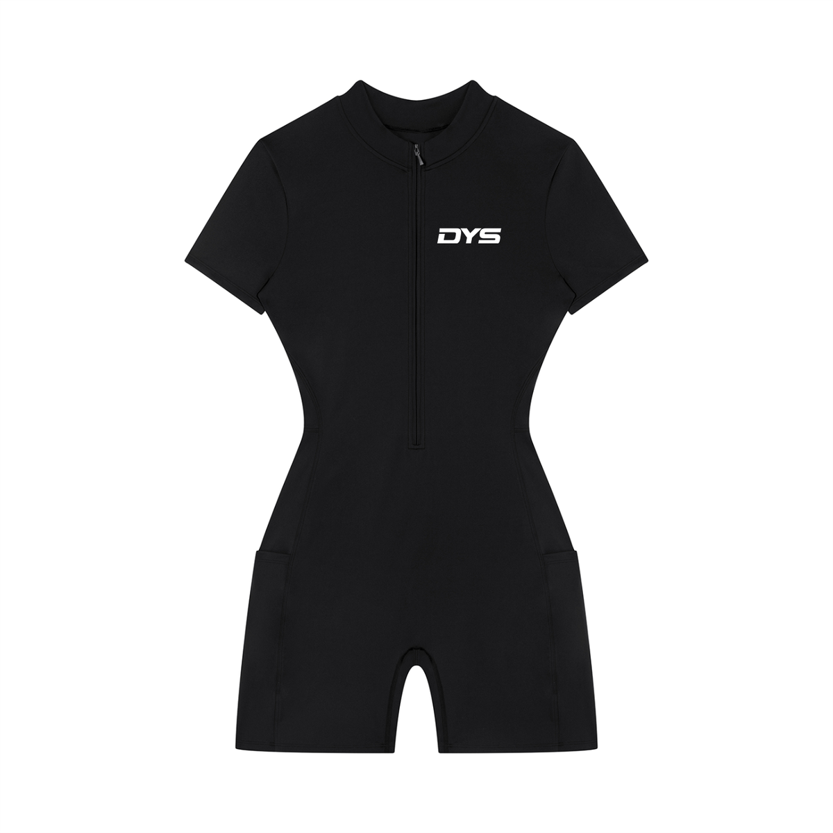 DYS Women's Quarter-Zip Short Sleeve Romper, Black, front view