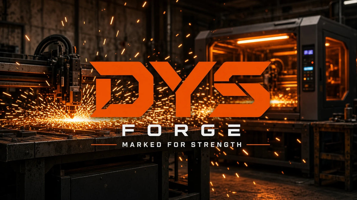 DYS Forge desktop manufacturing brand illustration with machinery and orange sparks — Marked for Strength.
