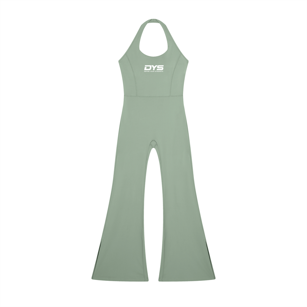 DYS Women's Halter Flared Jumpsuit, Gray Green, front view